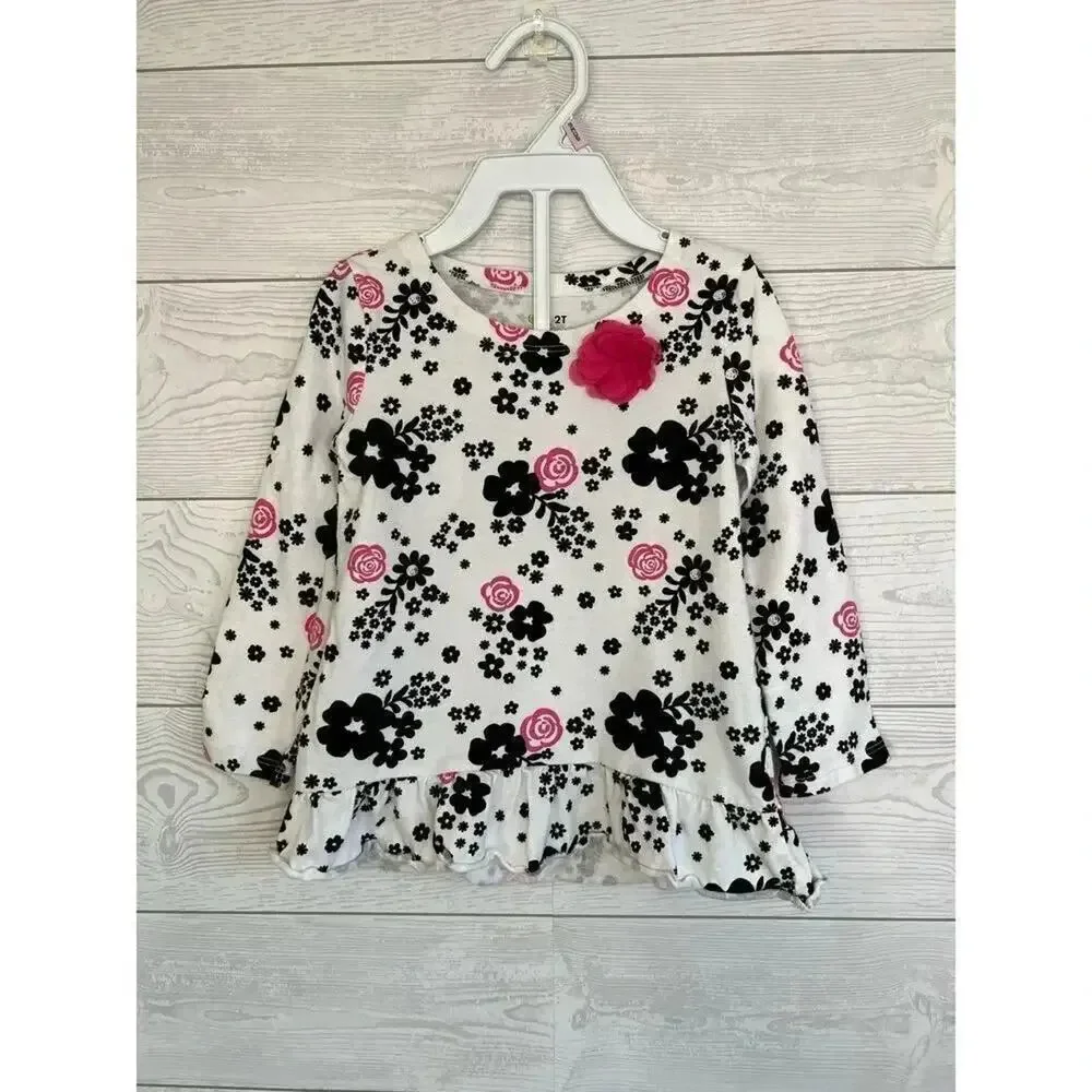 Jumping Beans long sleeve black & white floral top/black capris Size 2T